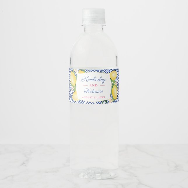 Positano Blue Tiles Lemons Bridal Shower Party Water Bottle Label (Front)