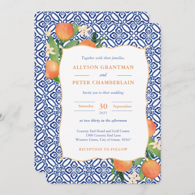 Positano Blue Tiles Oranges Citrus Wedding Invitation (Front/Back)