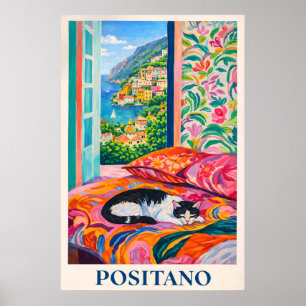 Positano Cat Poster, Amalfi Coast Window View Poster