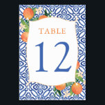 Positano Citrus Oranges Antique Blue Tiles Wedding Table Number<br><div class="desc">Watercolor oranges and pretty blossoms against a background of cobalt blue and white tile pattern for this stylish Wedding,  Shower or Birthday table number design.</div>