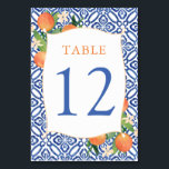 Positano Citrus Oranges Antique Blue Tiles Wedding Table Number<br><div class="desc">Watercolor oranges and pretty blossoms against a background of cobalt blue and white tile pattern for this stylish Wedding,  Shower or Birthday table number design.</div>