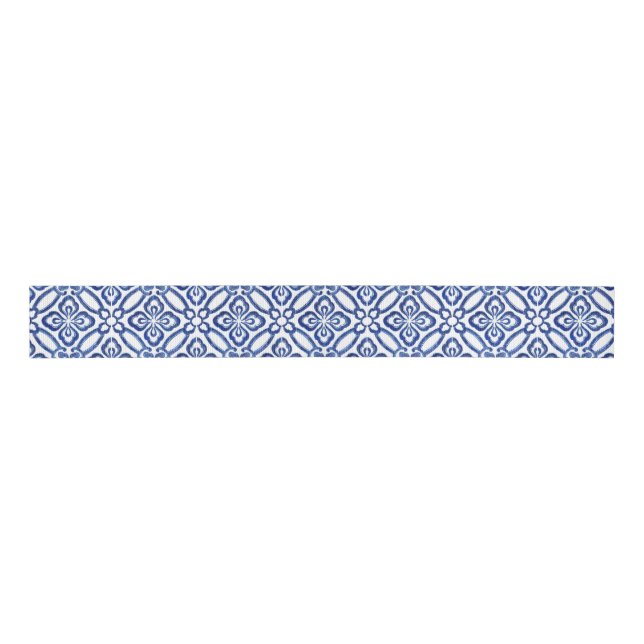 Positano Cobalt Blue and White Tile Matching Grosgrain Ribbon (Front)