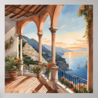 Positano Dream: Watercolor Sunset Vista Poster