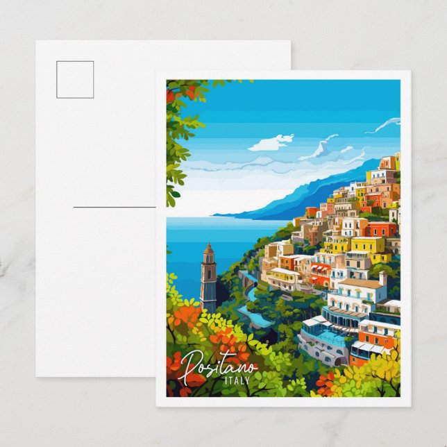 Positano Italy Art vintage travel illustration Postcard (Front/Back)