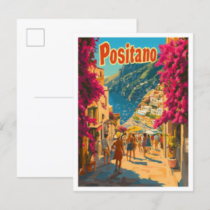 Positano Italy Art Vintage Travel Illustration Postcard
