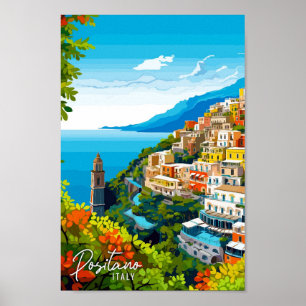Positano Italy Art vintage travel illustration Poster