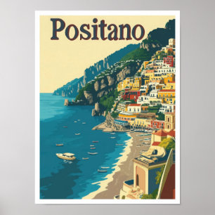 Positano Italy Art Vintage Travel Illustration Poster