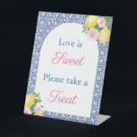 Positano Lemons Arch Love Is Sweet Favour Table Pedestal Sign<br><div class="desc">This favour table sign (all text is customisable to your event so would also work for a baby shower) features watercolor lemons and pretty pink flowers against a blue and white vintage tile print background. The sign also features a very popular arch shape frame.</div>