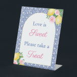 Positano Lemons Arch Love Is Sweet Favour Table Pedestal Sign<br><div class="desc">This favour table sign (all text is customisable to your event so would also work for a baby shower) features watercolor lemons and pretty pink flowers against a blue and white vintage tile print background. The sign also features a very popular arch shape frame.</div>