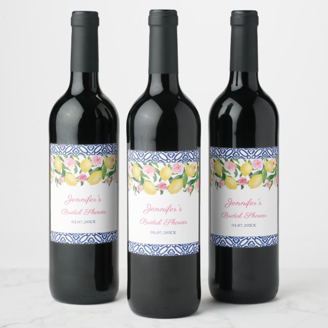 Positano Lemons Blue And White Tiles Bridal Shower Wine Label (Bottles)