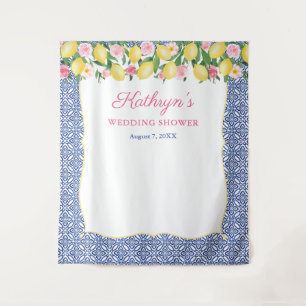 Positano Lemons Blue Tiles Photo Booth Backdrop Tapestry