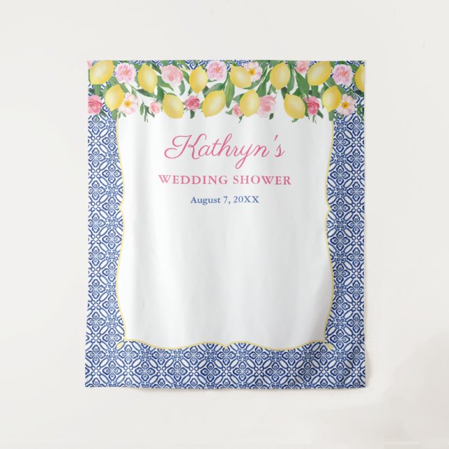 Positano Lemons Blue Tiles Photo Booth Backdrop Tapestry (Front)