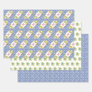 Positano Lemons Monogram Blue White Tile Pattern Wrapping Paper Sheet
