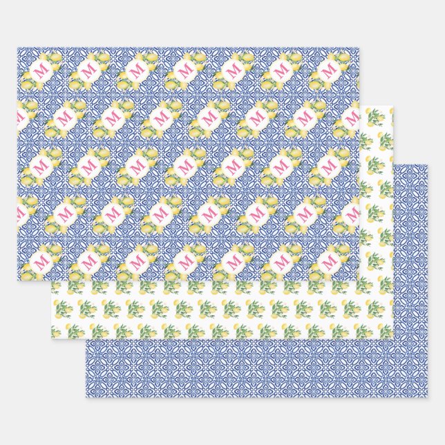 Positano Lemons Monogram Blue White Tile Pattern Wrapping Paper Sheet (Set)