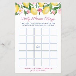Positano Lemons Pink Baby Shower Bingo Game Card