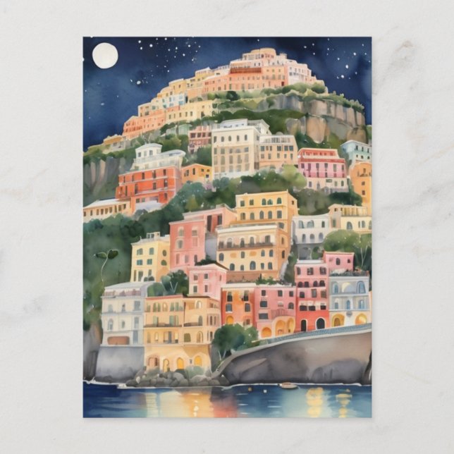 Positano Night, Italy, Italian Coast Watercolor Postcard (Front)