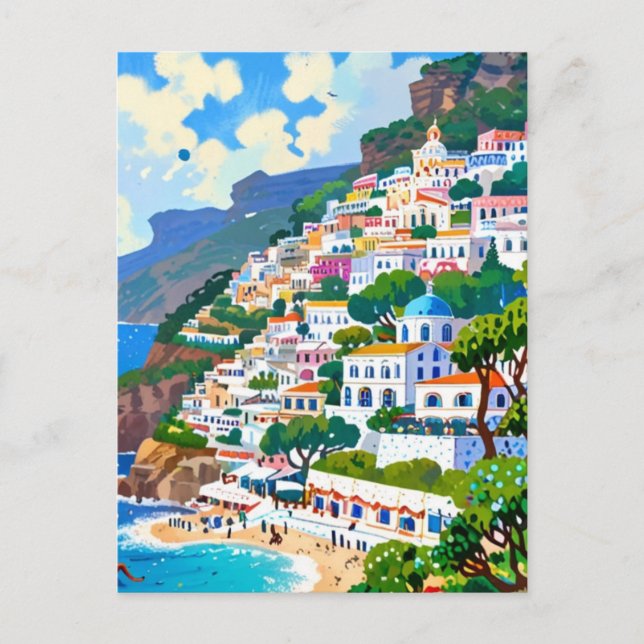 Positano Village, Italy, Italian Coast Watercolor Postcard (Front)