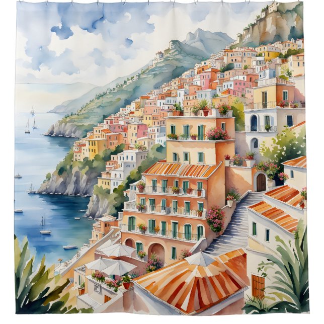 Positano: Watercolor Charm Italy's Amalfi Coast Shower Curtain (Front)