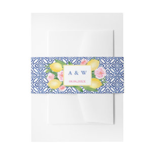 Positano Watercolor Lemons Pink Floral Wedding Invitation Belly Band