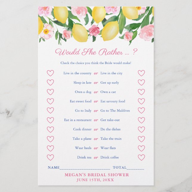 Positano Would She Rather Bridal Shower Game Card (Front)
