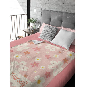 Positive Affirmation Flower Pattern Pink White Sherpa Blanket