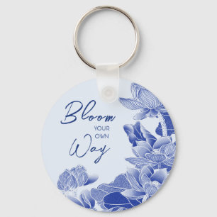 Positive Blossom Quote Blue Flowers Lotus Lily Key Ring