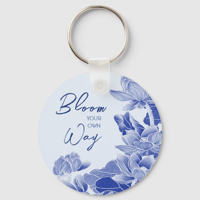 Positive Blossom Quote Blue Flowers Lotus Lily Key Ring (Front)