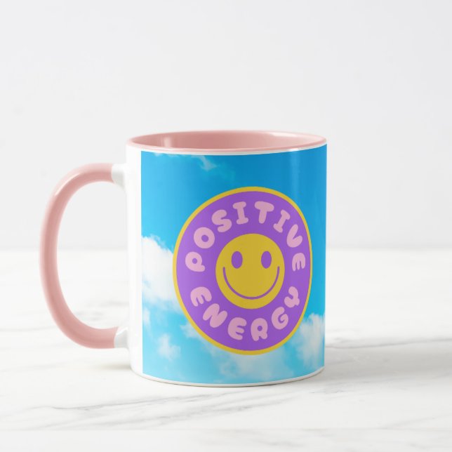 Positive Energy mug pink handle and happy face (Left)