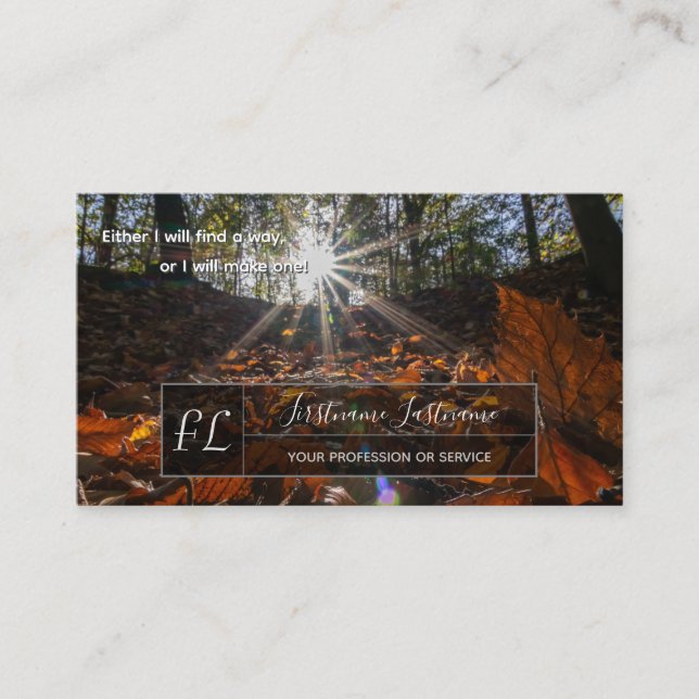Positive motivational quote sunny forest trail business card (Front)