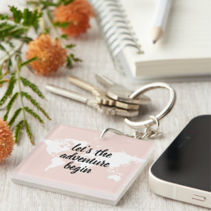 Positive Pink Let's The Adventure Begin World Map  Key Ring