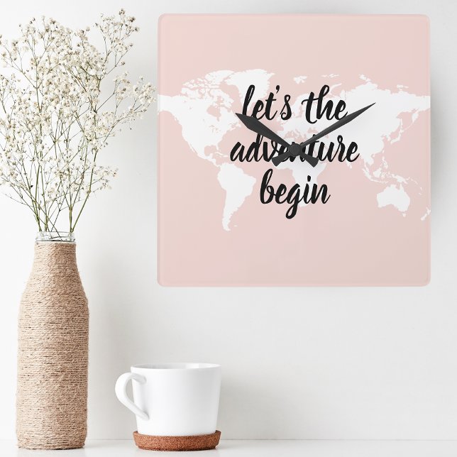 Positive Pink Let's The Adventure Begin World Map  Square Wall Clock (Creator Uploaded)