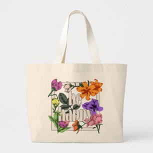 Positive quote Be Happy and garden flowers Large Tote Bag