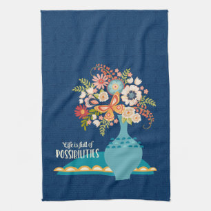 Positive Quote Pretty Blue Floral Vase Tea Towel