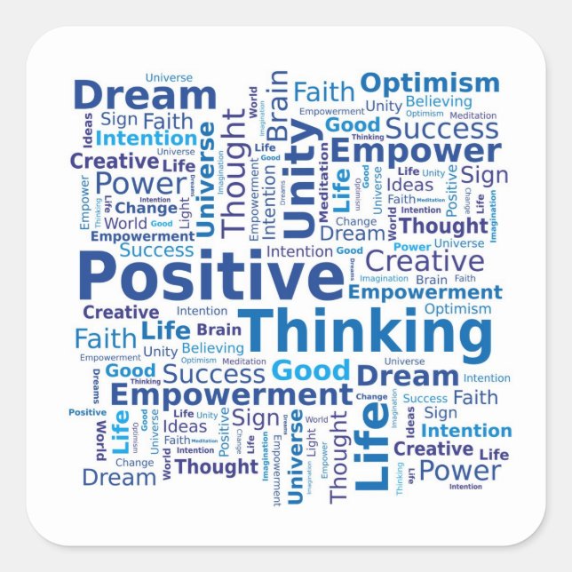 Positive Thinking Word Cloud - Blue Square Sticker (Front)