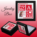 Positive vibes add photo initial red grey gift box<br><div class="desc">Keepsake jewellery / jewellery gift box.
Personalise with an initial and photo.
Positive vibes / Love,  with a love heart and the colours red,  grey and white.</div>