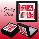 Positive vibes add photo initial red jewellery gift box<br><div class="desc">Keepsake jewellery / jewellery gift box.
Personalise with an initial and photo.
Positive vibes / Love,  with a love heart and the colours red and white.</div>