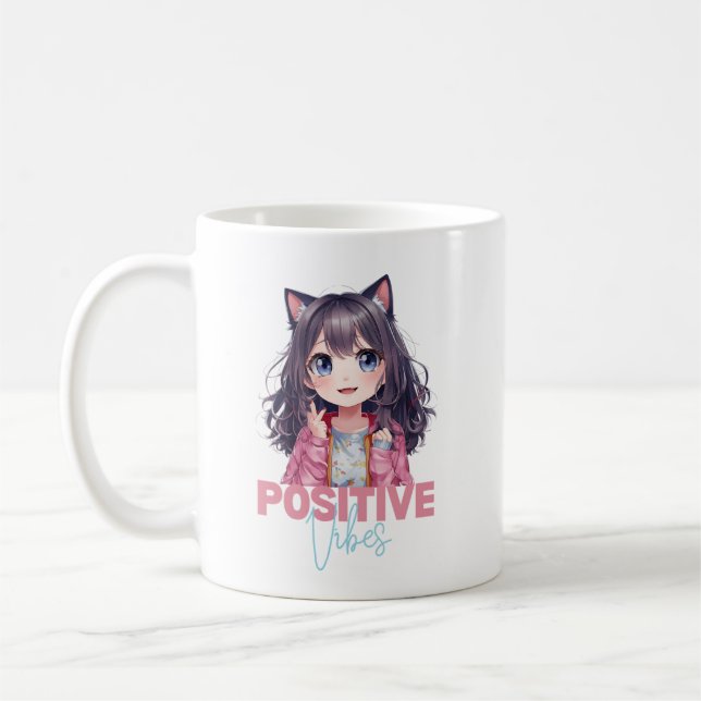 Positive Vibes Anime Cat Girl Mug (Left)