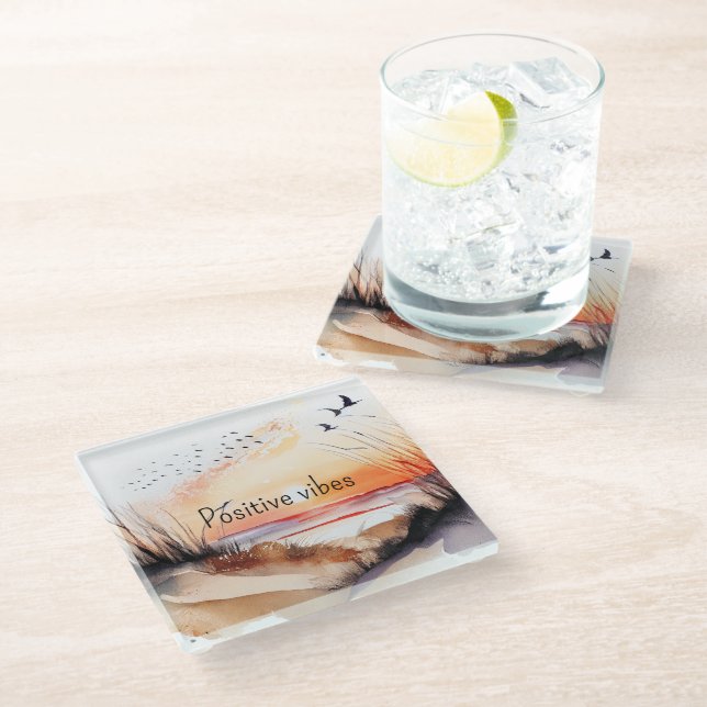 Positive Vibes Beach Sunset with Birds    Glass Coaster (Angled)