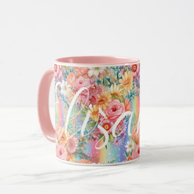 Positive Vibes Bright Rainbows Florals Custom Name Mug (Front Left)