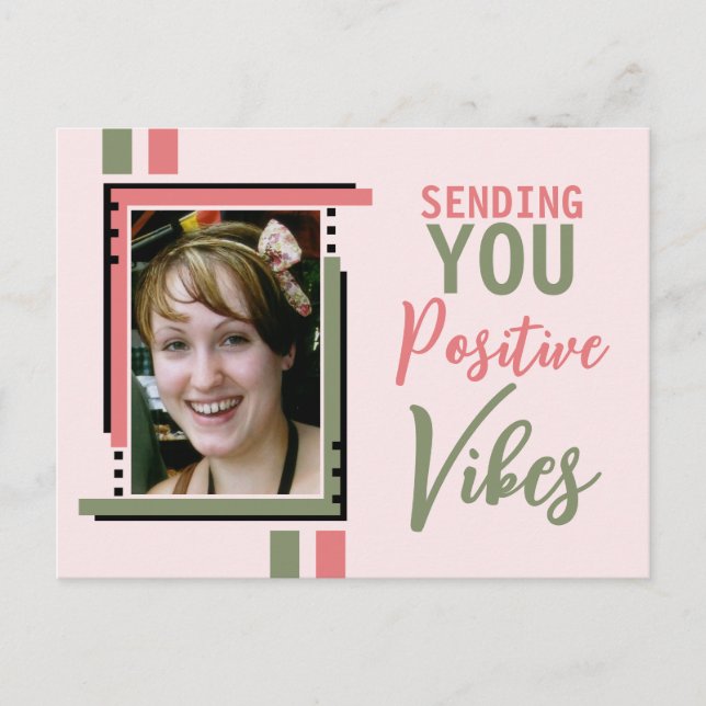 Positive vibes encouragement add photo green pink postcard (Front)