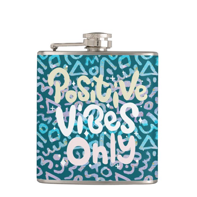 Positive vibes only green geometric boho hip flask (Front)