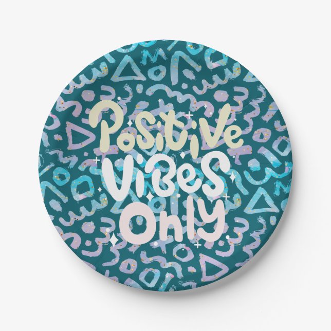 Positive vibes only green geometric paper plate (Front)