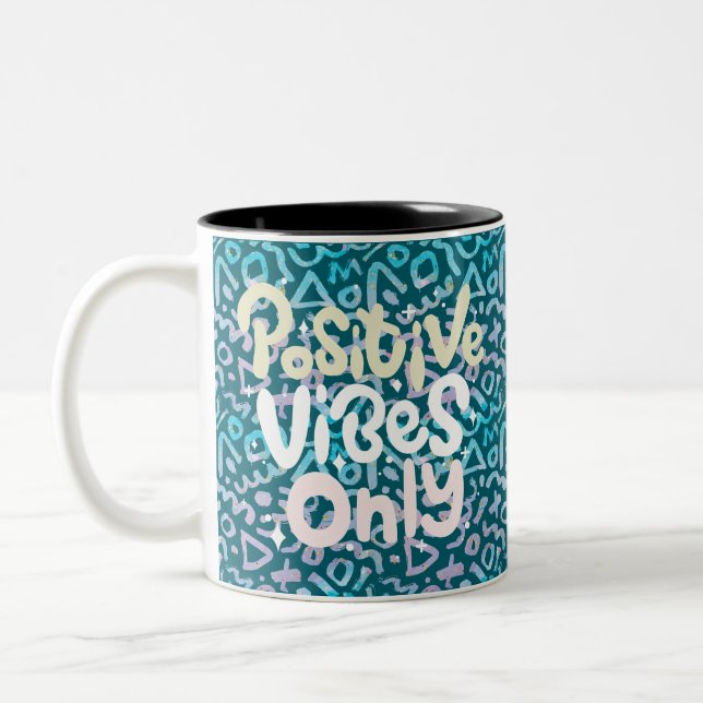 Positive vibes only green geometric Two-Tone coffee mug (Left)