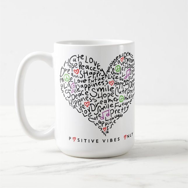 Positive Vibes Only Heart Design Coffee Mug (Left)