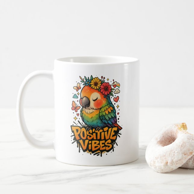 “Positive Vibes” Parrot Coffee Mug (With Donut)