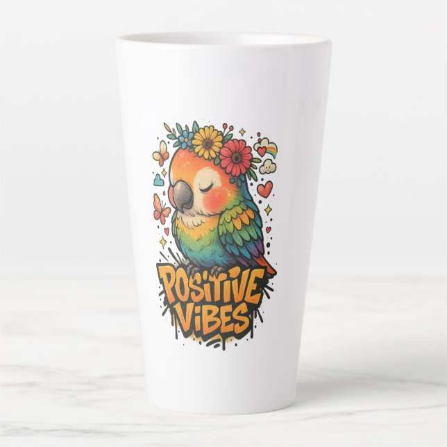 “Positive Vibes” Parrot Latte Mug (Front)