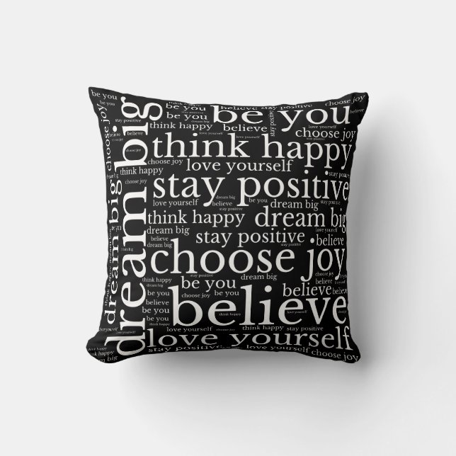 Positive Vibes WordArt Pattern White Text Black Cushion (Front)