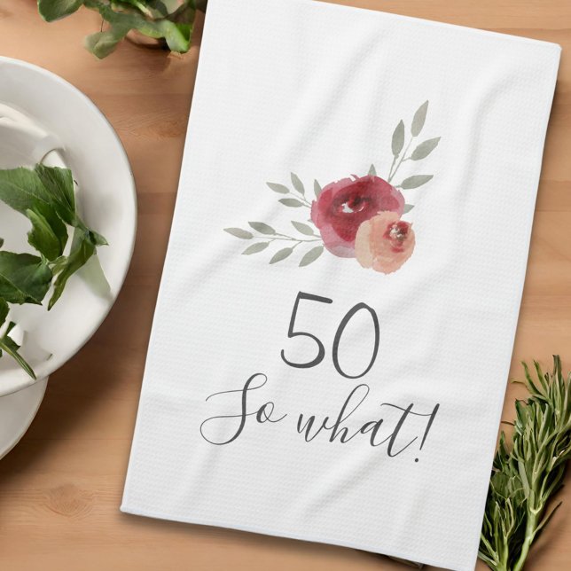 Positive Watercolor Roses Floral 50th Birthday Tea Towel (Creator Uploaded)