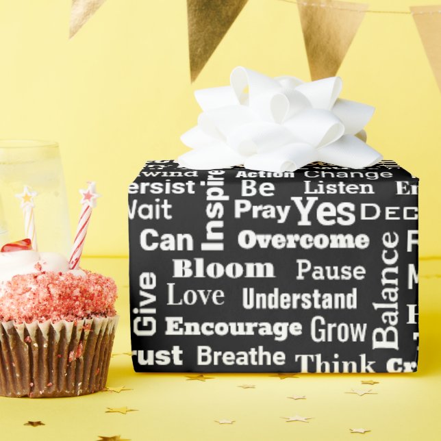 Positive Word Cloud On Black Wrapping Paper (Birthday Party)