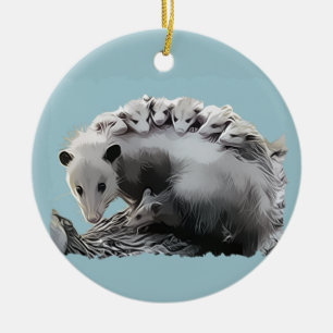 Possom Family on a Log Ceramic Tree Decoration